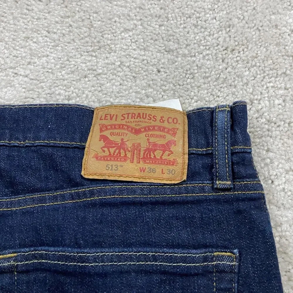 Levis 513 Jeans Mens 36x30 Blue Slim Straight Leg Stretch Denim Dark Wash - Picture 2 of 10